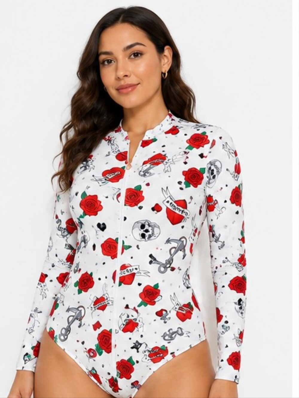 AS ROSE RICH RASH GUARD SWIMSUIT Roses & Skull White Long-Sleeve SIZE Medium NWT - Picture 6 of 6